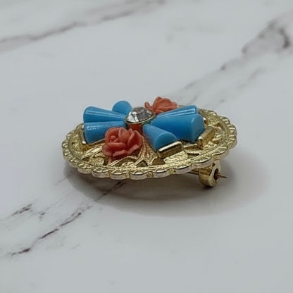 Gold Tone Oval Filigree Blue & Coral Rose Accents Pin • Doll Brooch