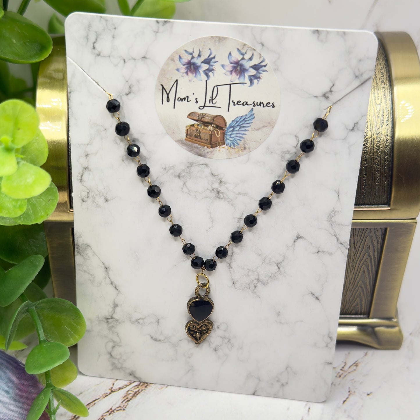 Black Crystal Beaded Double Heart Charm Doll Necklace • 18 Inch Fashion Doll Jewelry