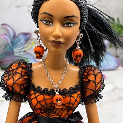 Orange Skull Halloween Necklace and Earrings |for 10-12 Inch Fashion Doll • 1:6 Scale