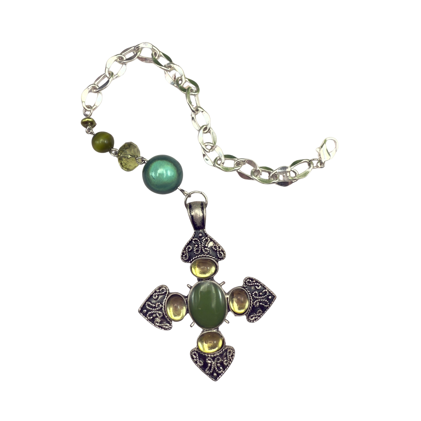 Green Cabochon Silver Cross & Green Bead Chain • Car Mirror Charm / Sun Catcher