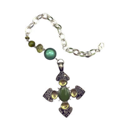 Green Cabochon Silver Cross & Green Bead Chain • Car Mirror Charm / Sun Catcher