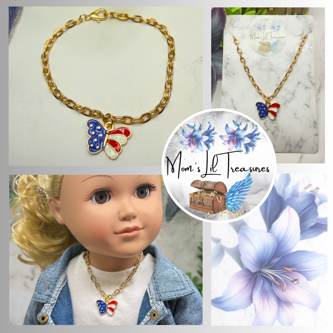 American Flag Red White Blue Butterfly Charm Doll Necklace for 18 Inch Fashion Doll