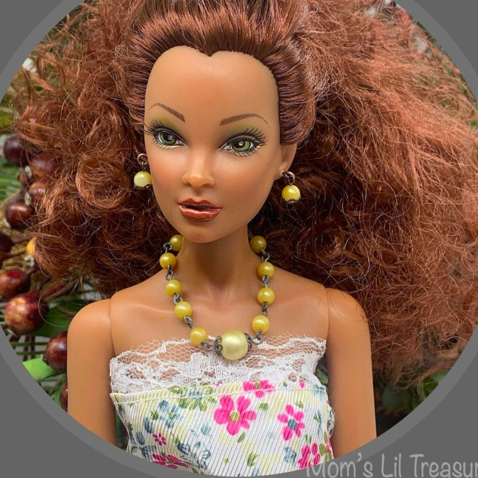 Light Yellow Pearl Necklace Earrings Set • 16” Fashion Doll Jewelry