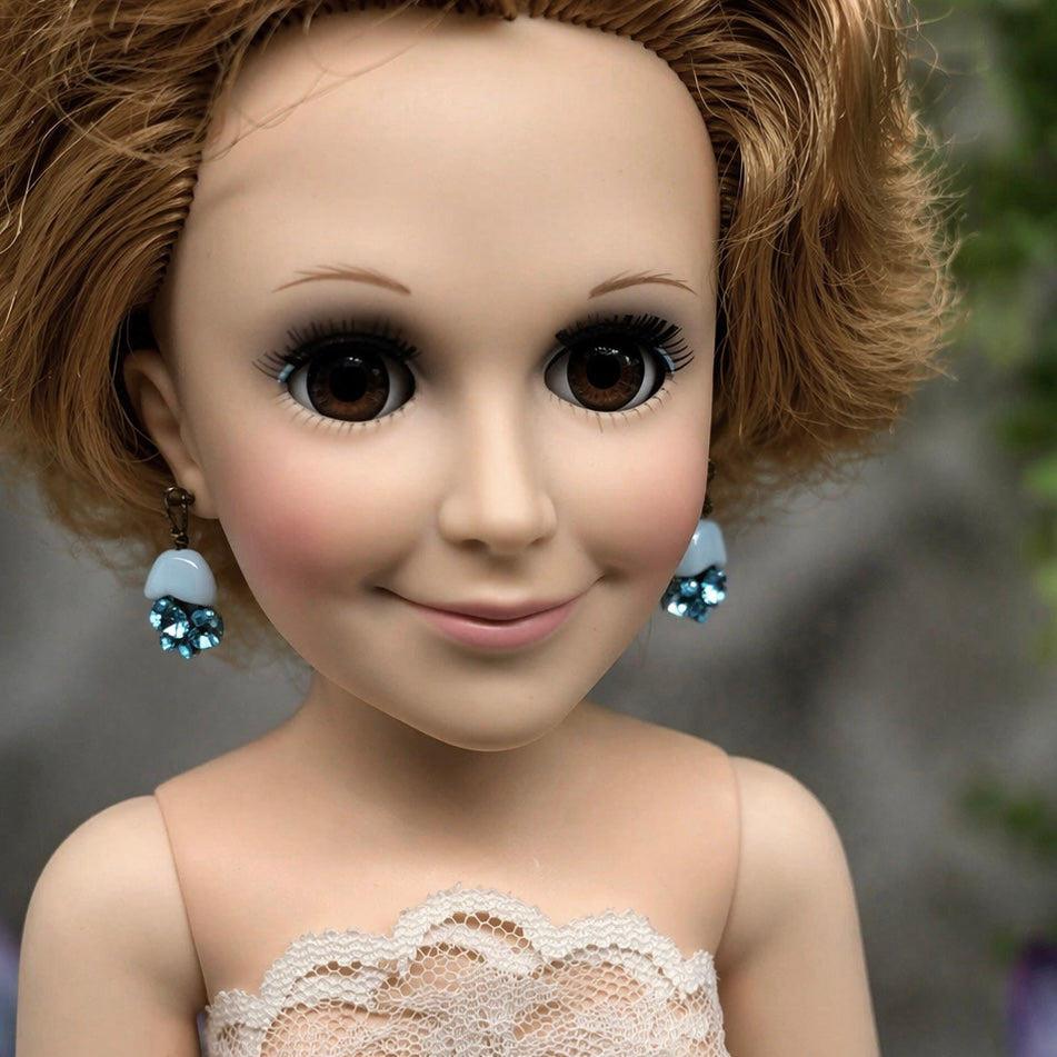 Light Blue Glass Rhinestone Flower Dangle Doll Earrings for 18-22” Vintage Doll