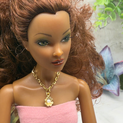 Flower Pearl Accent Pendant Gold Doll Necklace • 16 Inch Fashion Doll Jewelry