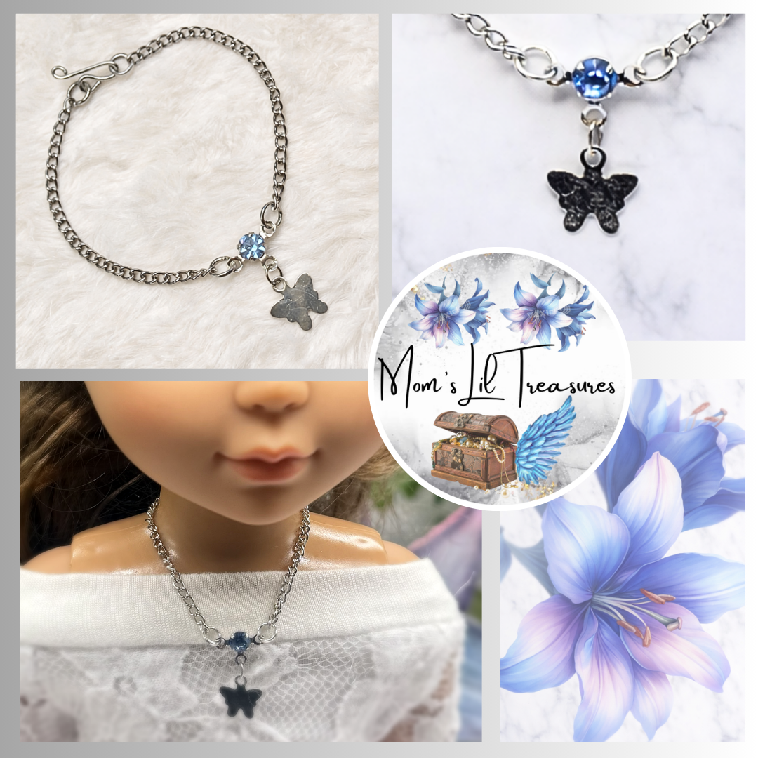 Silver Butterfly Blue Rhinestone Charm Doll Necklace • 14 Inch Fashion Doll Jewelry