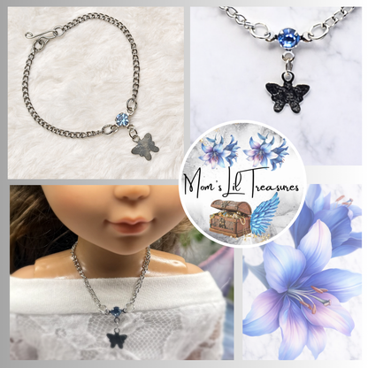 Silver Butterfly Blue Rhinestone Charm Doll Necklace • 14 Inch Fashion Doll Jewelry
