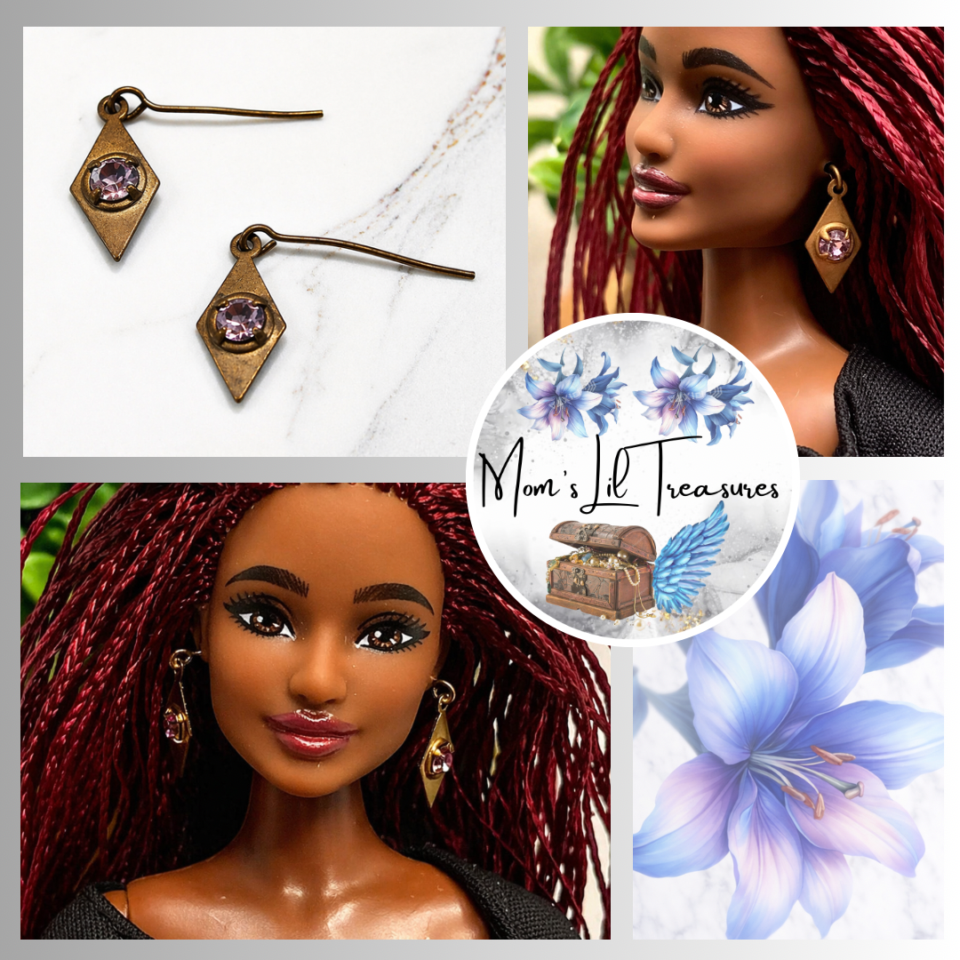 Diamond Pink Rhinestone Gold Brass Dangle Doll Earrings for 11-12” Fashion Doll Jewelry