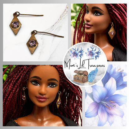 Diamond Pink Rhinestone Gold Brass Dangle Doll Earrings for 11-12” Fashion Doll Jewelry