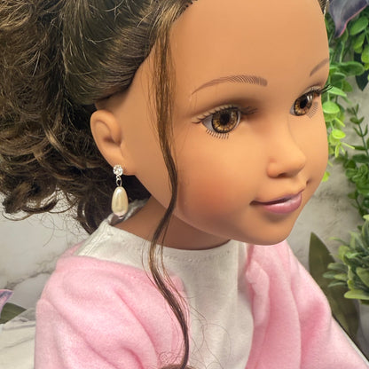 Pearl Teardrop Clear Rhinestone Silver Post Doll Earrings • 18 Inch Fashion Doll Jewelry