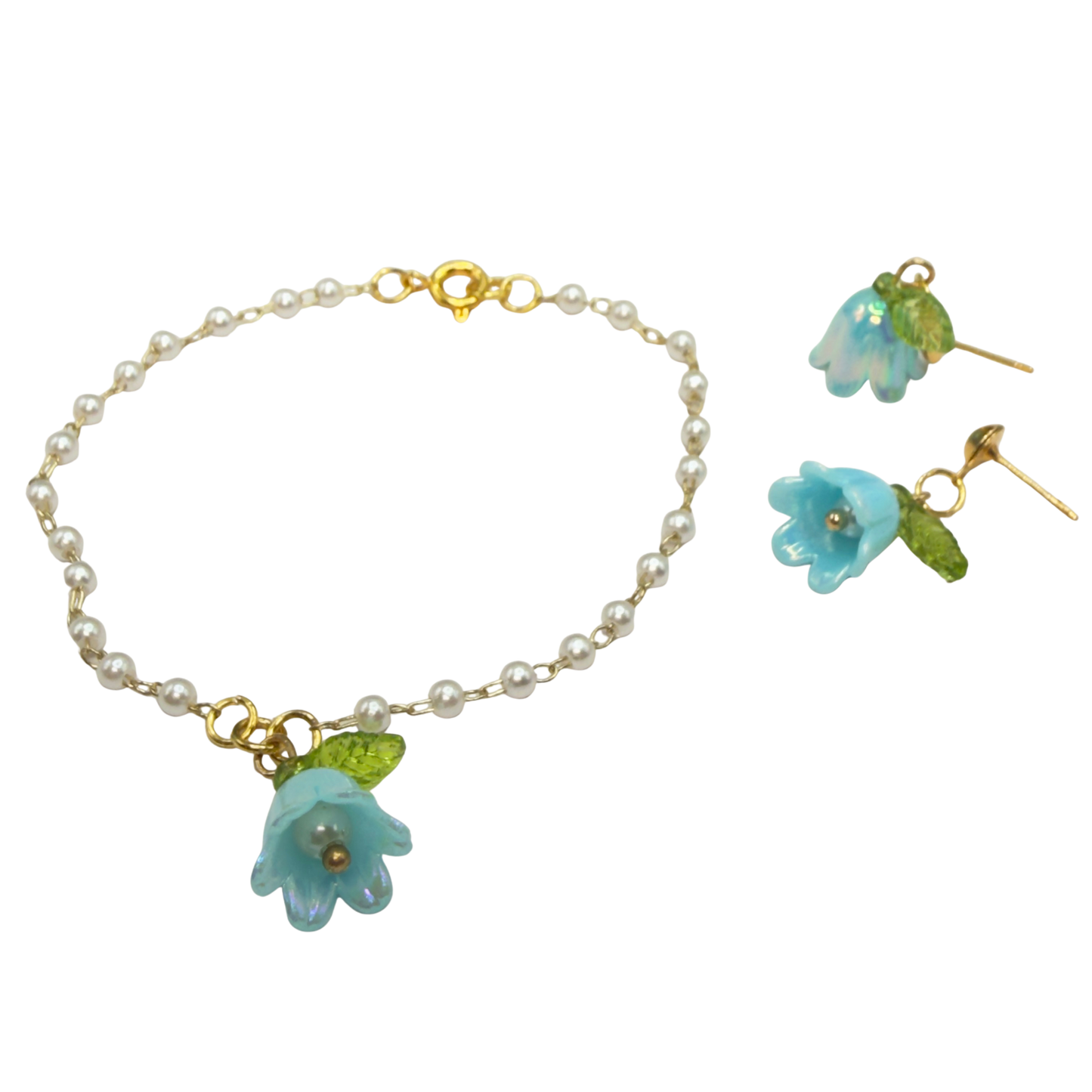 Turquoise Blue Bell Flower Lily of Valley Charm Pearl Beaded Doll Necklace & Earrings • 18 Inch Fashion Doll Jewelry