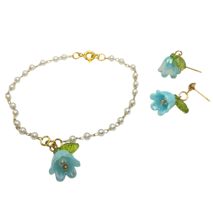 Turquoise Blue Bell Flower Lily of Valley Charm Pearl Beaded Doll Necklace & Earrings • 18 Inch Fashion Doll Jewelry