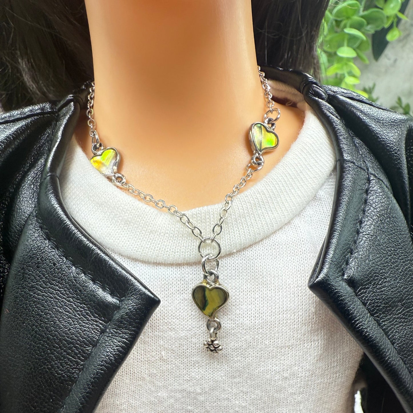 Green Multi Tone Abalone Heart Charm Y-Style Doll Necklace • 18 Inch Fashion Doll Jewelry