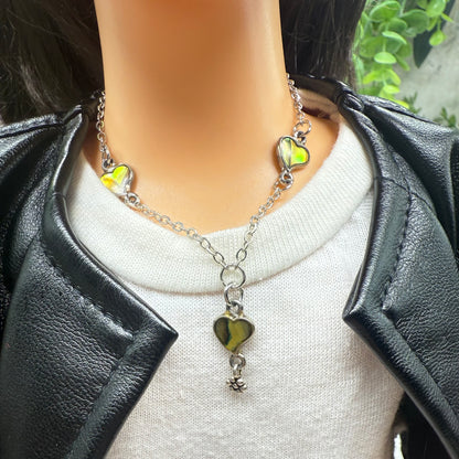 Green Multi Tone Abalone Heart Charm Y-Style Doll Necklace • 18 Inch Fashion Doll Jewelry
