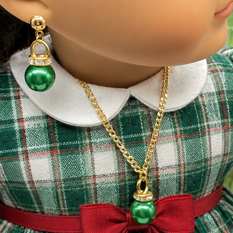 Green Christmas Ball Ornament Charm Doll Necklace & Dangle Doll Earrings • 2mm Post for 18 Inch Fashion Doll