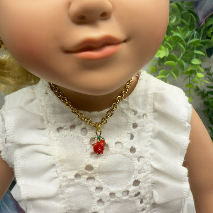 Strawberry Enamel Gold Charm Necklace & Earrings Set • 18 Inch Fashion Doll Jewelry