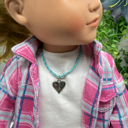 Turquoise Light Blue Braided Thread Doll Necklace Silver Heart Charm • 18 Inch Fashion Doll Jewelry