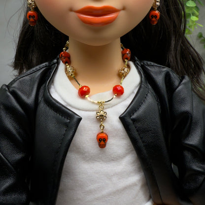 Red Skull Flower Charm Halloween Acrylic Beaded Gold Chain Doll Necklace and Earrings Set • 18 Inch Fashion Doll Jewelry