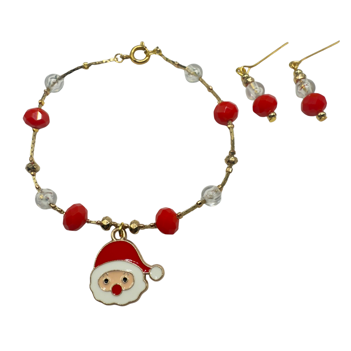 Red & Clear Acrylic Beads Santa Charm Gold Doll Necklace and Earrings Set • 18 Inch Fashion Doll Jewelry