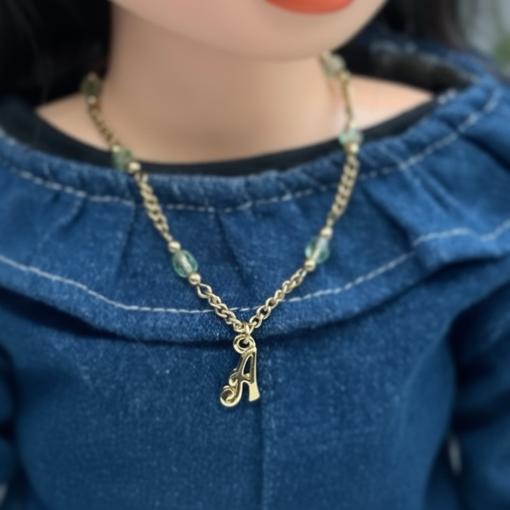 Initial Letter A Green Crystals Gold Doll Necklace • 18 inch Doll Jewelry