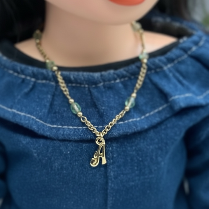 Initial Letter A Green Crystals Gold Doll Necklace • 18 inch Doll Jewelry
