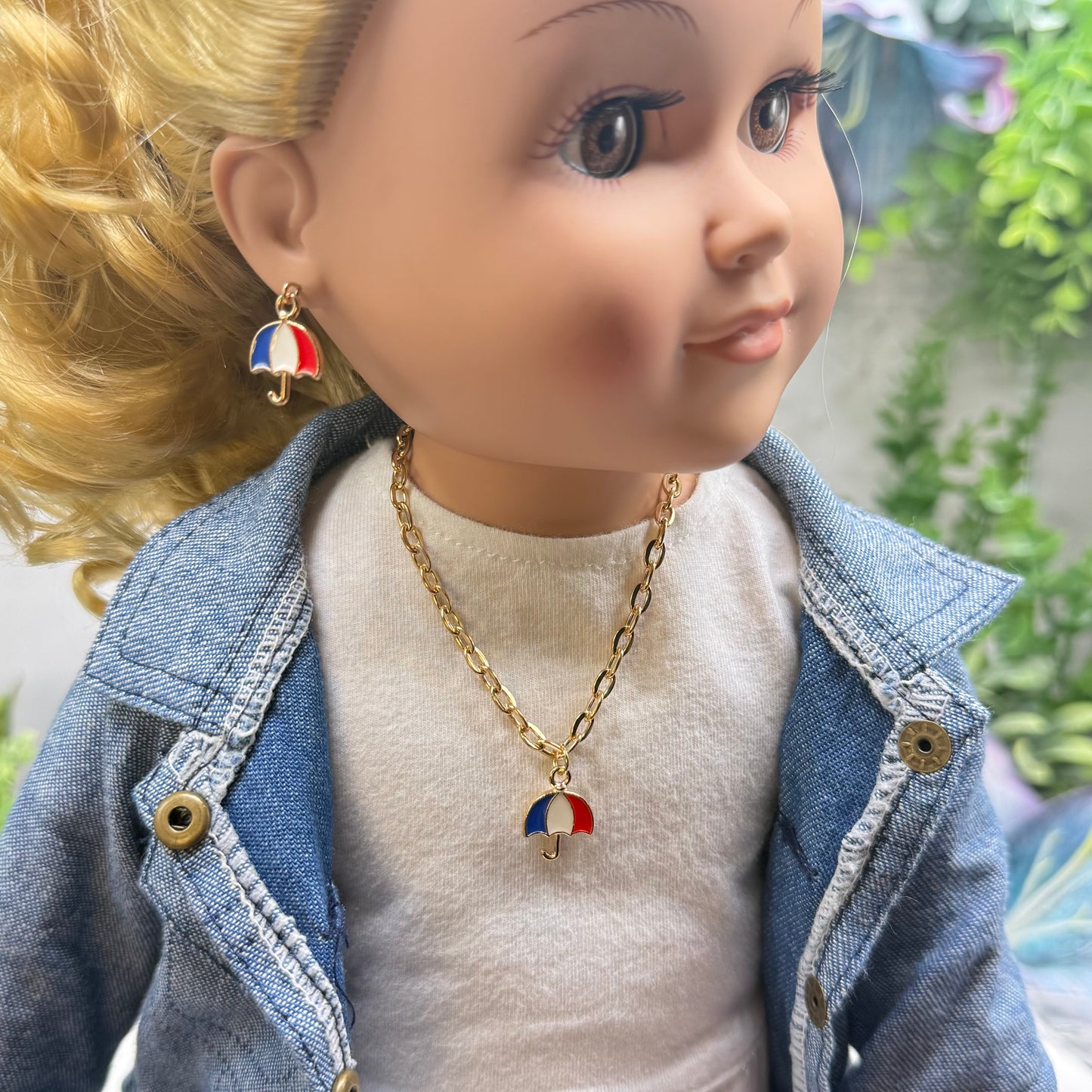 Red White Blue Patriotic Umbrella Charm Doll Necklace & Earrings for 18 Inch Fashion Doll