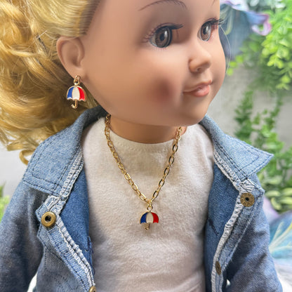 Red White Blue Patriotic Umbrella Charm Doll Necklace & Earrings for 18 Inch Fashion Doll