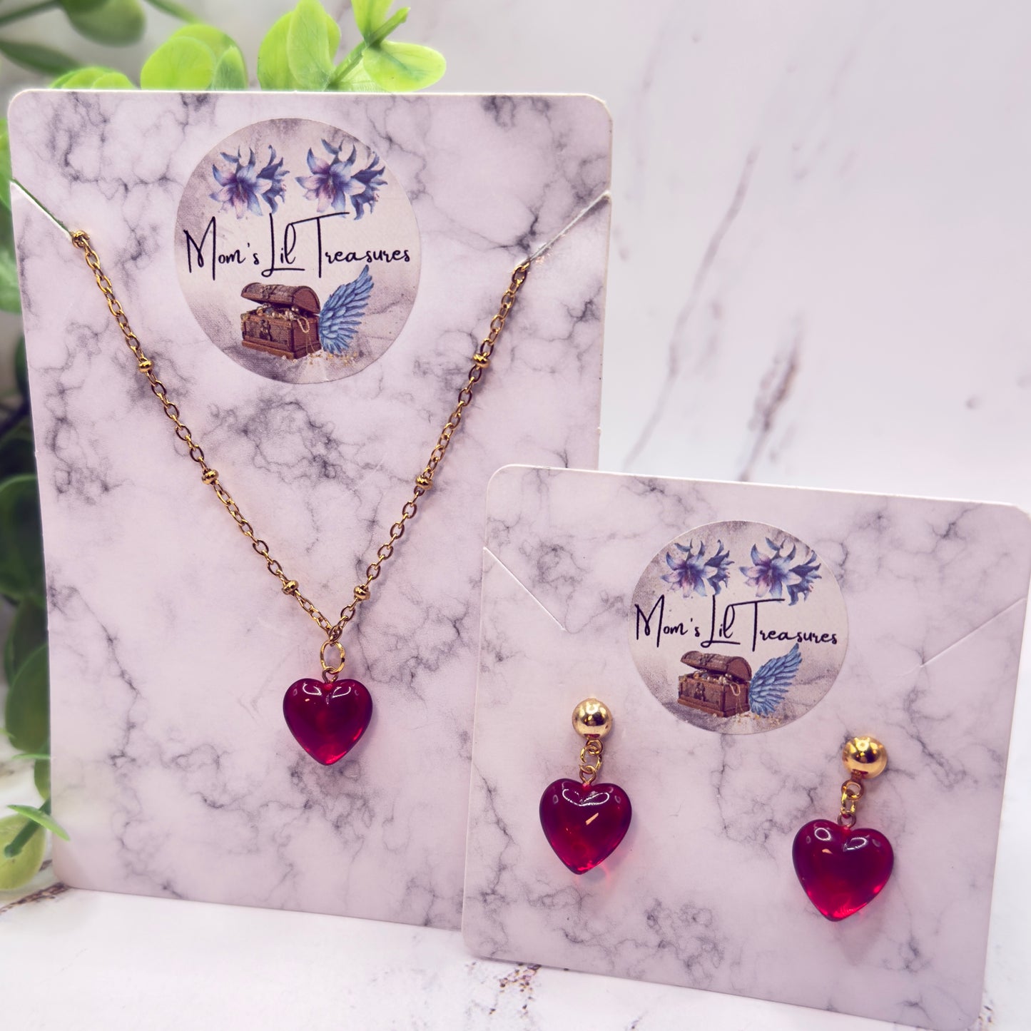 Burgundy Red Heart Charm Gold Chain Doll Necklace & Earrings Set • 18 Inch Fashion Doll Jewelry