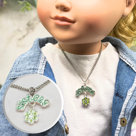 Sisters Green Enamel Charm Silver Doll Necklace • 18 Inch Fashion Doll Jewelry