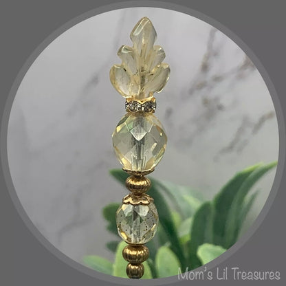 Light Yellow Glass Leaf Crystal Beaded - 6.25” Pin • Hatpin - Stick Pin