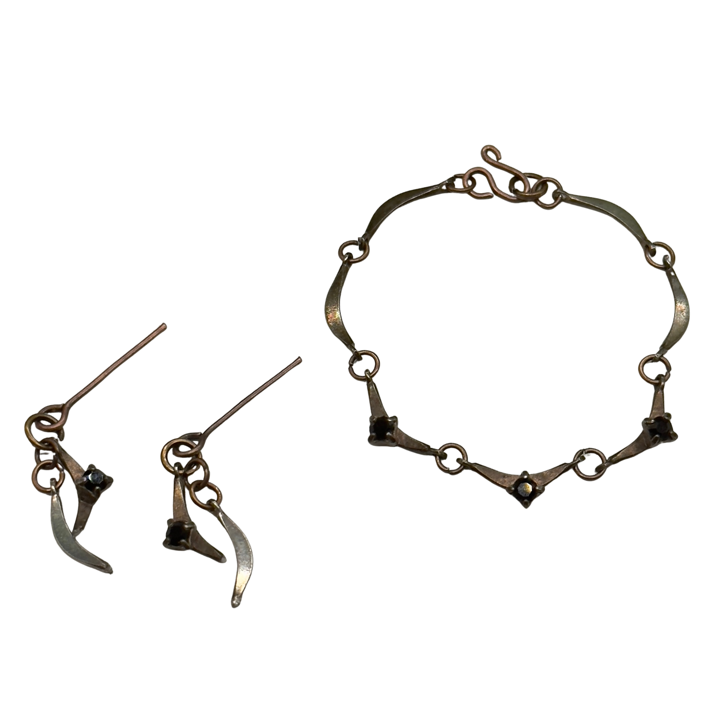 Black Rhinestone Bronze Copper Link Doll Necklace Earrings Set 16” Doll Jewelry