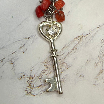 Silver Heart Top Key Charm Red Glass Stone Dangles Key Chain / Car Charm