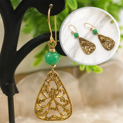 Gold Tone Filigree Design Green Glass Accent Dangle Earrings • Handmade Jewelry