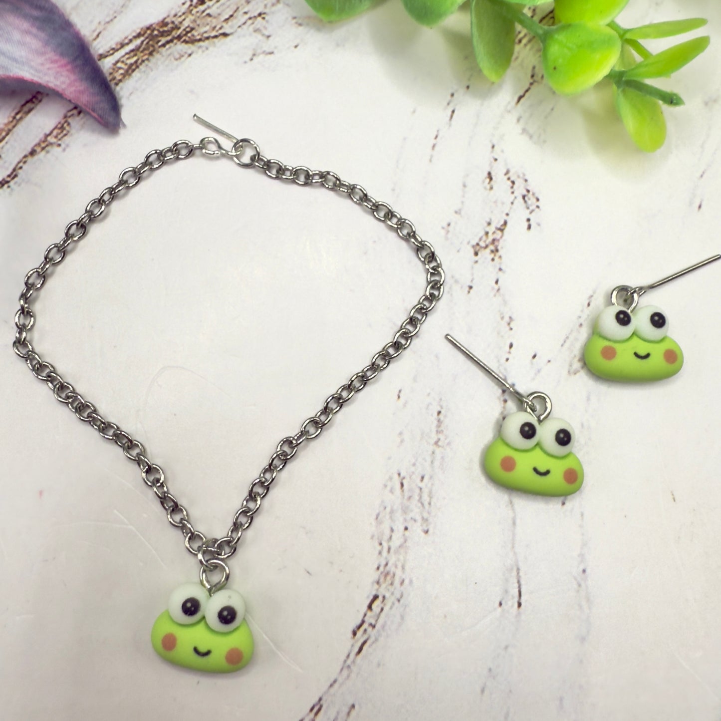 Keroppi Cute Frog Charm Necklace & Earrings Set • 18 Inch Fashion Doll Jewelry