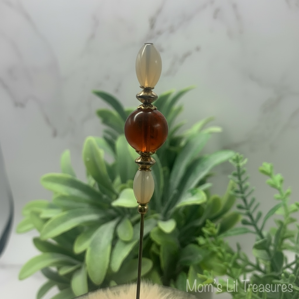 Milky Glass & Brown Translucent Bead - Gold Tone 6” Pin • Hatpin - Stick Pin