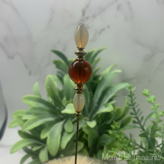 Milky Glass & Brown Translucent Bead - Gold Tone 6” Pin • Hatpin - Stick Pin