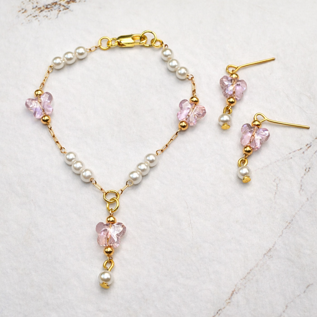 Pink Acrylic Crystal Butterfly & Pearl Gold Doll Necklace & Earrings • 18 Inch Fashion Doll Jewelry