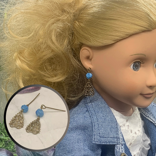 Gold Filigree Blue Glass Dangle Doll Earrings • 18 Inch Fashion Doll Jewelry