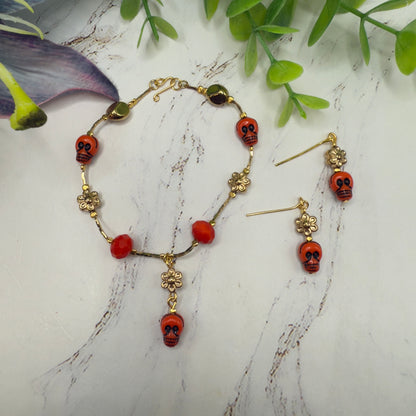 Red Skull Flower Charm Halloween Acrylic Beaded Gold Chain Doll Necklace and Earrings Set • 18 Inch Fashion Doll Jewelry