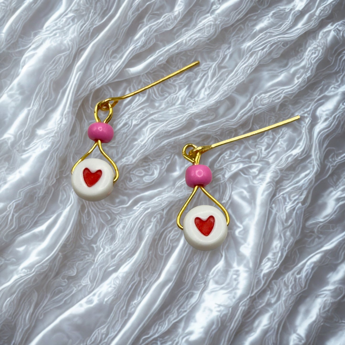 Valentine’s Day Pink Bead Red Heart Dangle Doll Earrings • 18 Inch Fashion Doll Jewelry