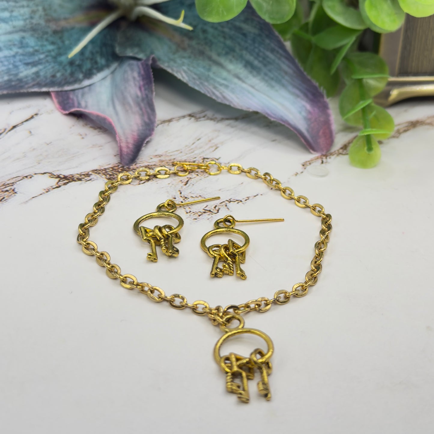 Key Ring Pendant Gold Chain Doll Necklace & Earrings Set • 18 Inch Fashion Doll Jewelry