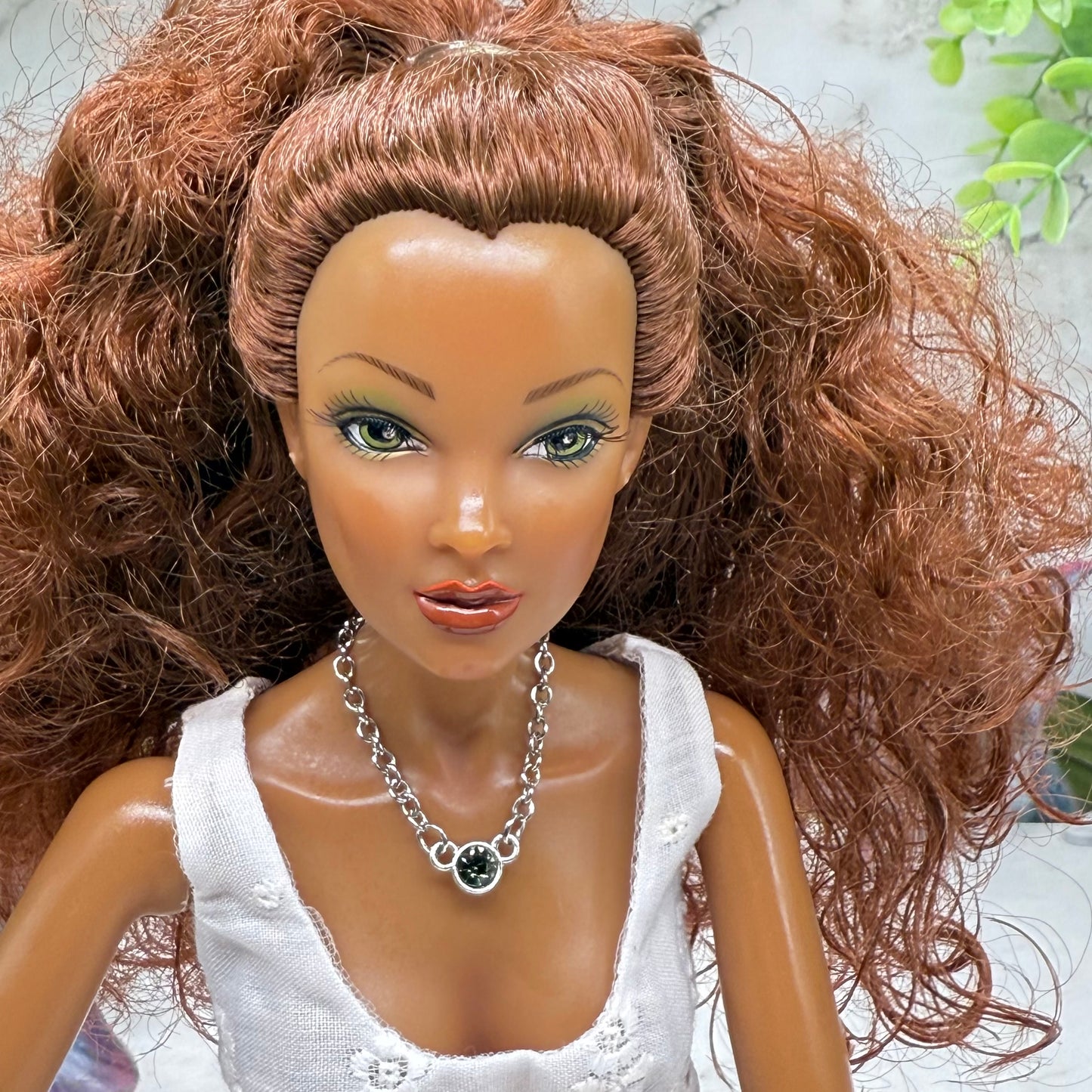 Smoky Green Round Crystal Pendant Silver Doll Necklace • 16 Inch Fashion Doll Jewelry