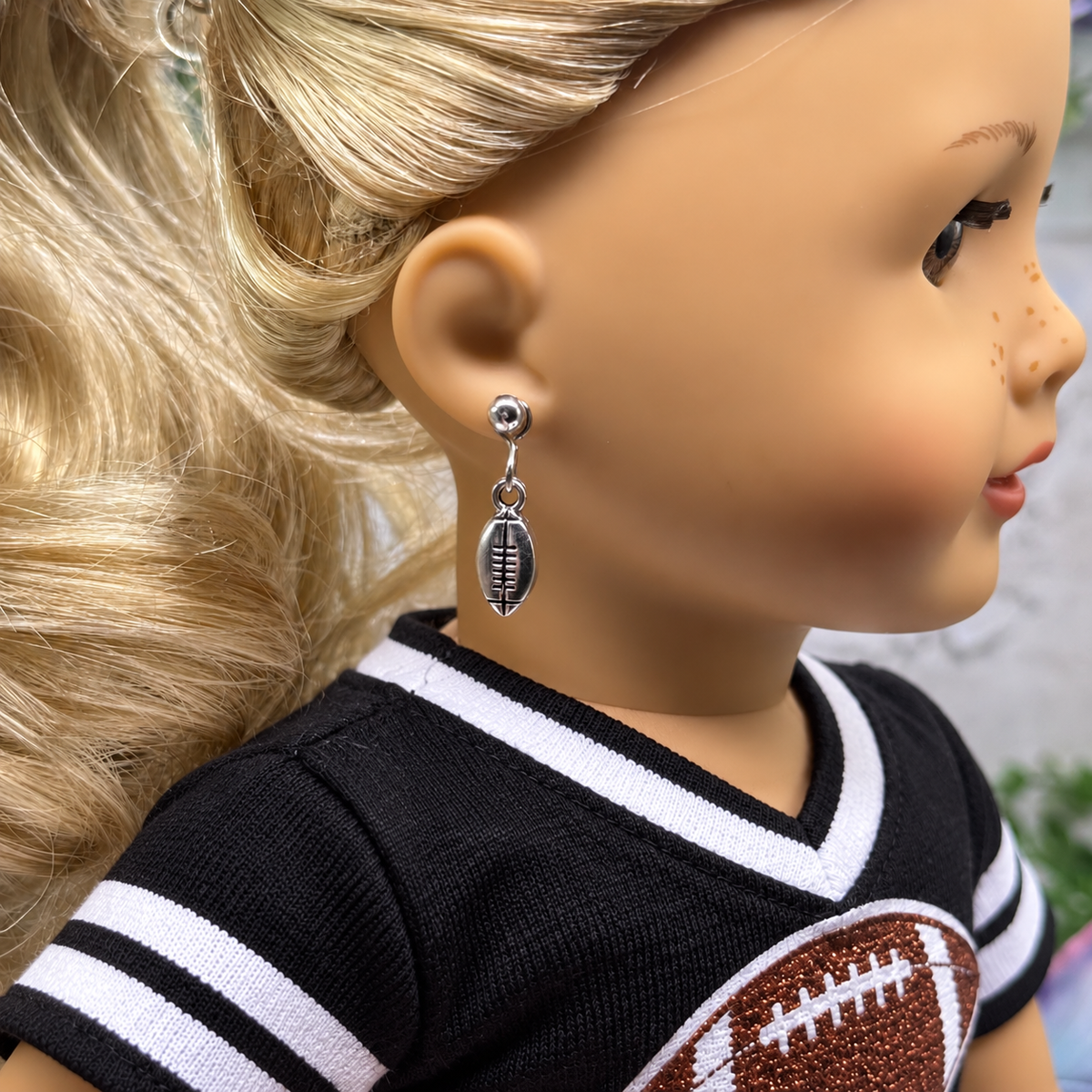 Silver Football Sports Charm 2mm Post Doll Earrings | for 18 Inch Dolls • American Girl