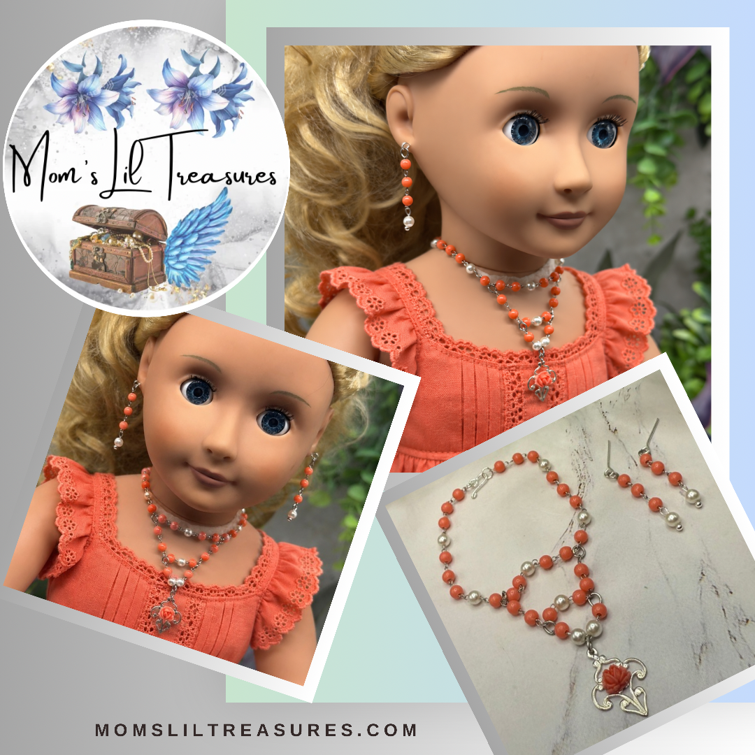 Coral Orange & Pearl Filigree Dangle Silver Doll Necklace & Earrings • 18 Inch Fashion Doll Jewelry
