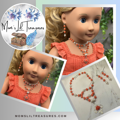 Coral Orange & Pearl Filigree Dangle Silver Doll Necklace & Earrings • 18 Inch Fashion Doll Jewelry