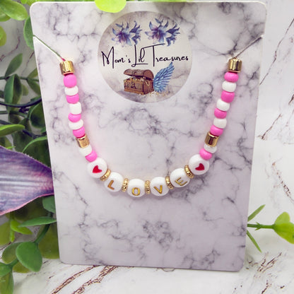 LOVE Pink White Gold Beaded Valentine’s Day Doll Necklace • 18 Inch Fashion Doll Jewelry