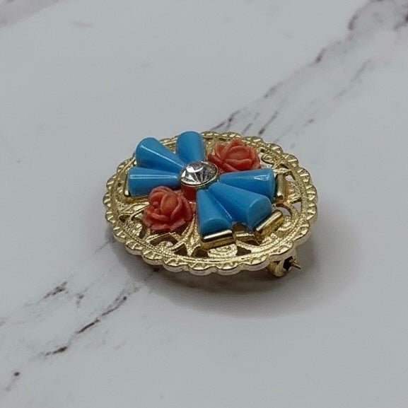 Gold Tone Oval Filigree Blue & Coral Rose Accents Pin • Doll Brooch
