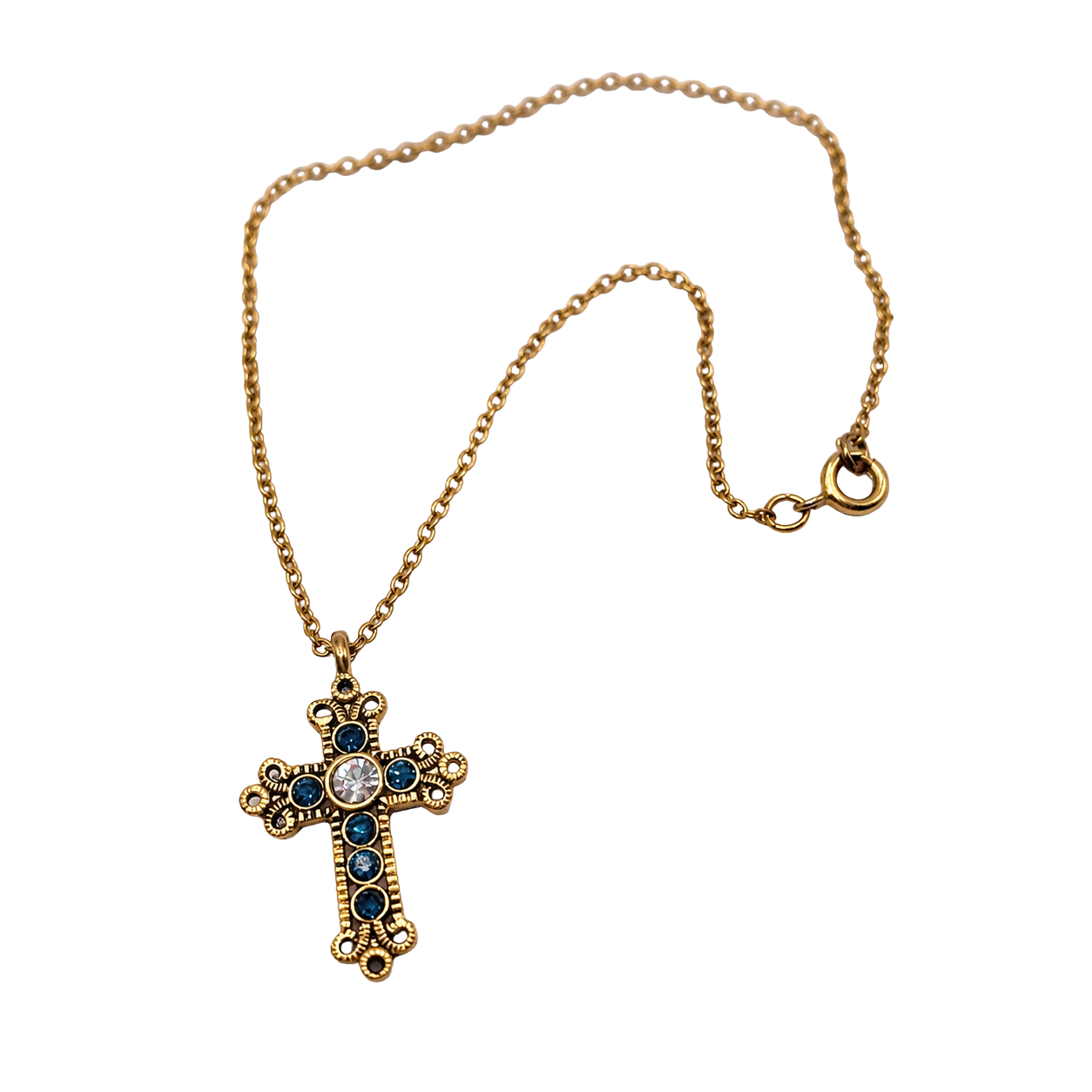 Blue Rhinestone Gold Cross Pendant Doll Necklace • 18 Inch Fashion Doll Jewelry
