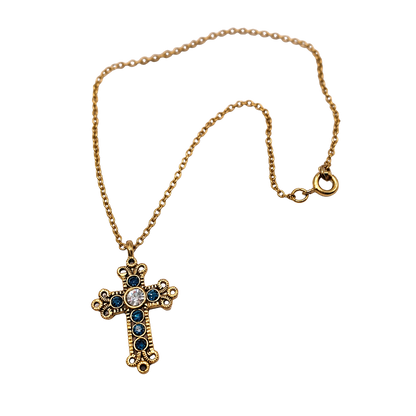 Blue Rhinestone Gold Cross Pendant Doll Necklace • 18 Inch Fashion Doll Jewelry