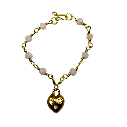 Light Pink Glass Bead Gold Heart Charm Doll Necklace • 14 Inch Fashion Doll Jewelry